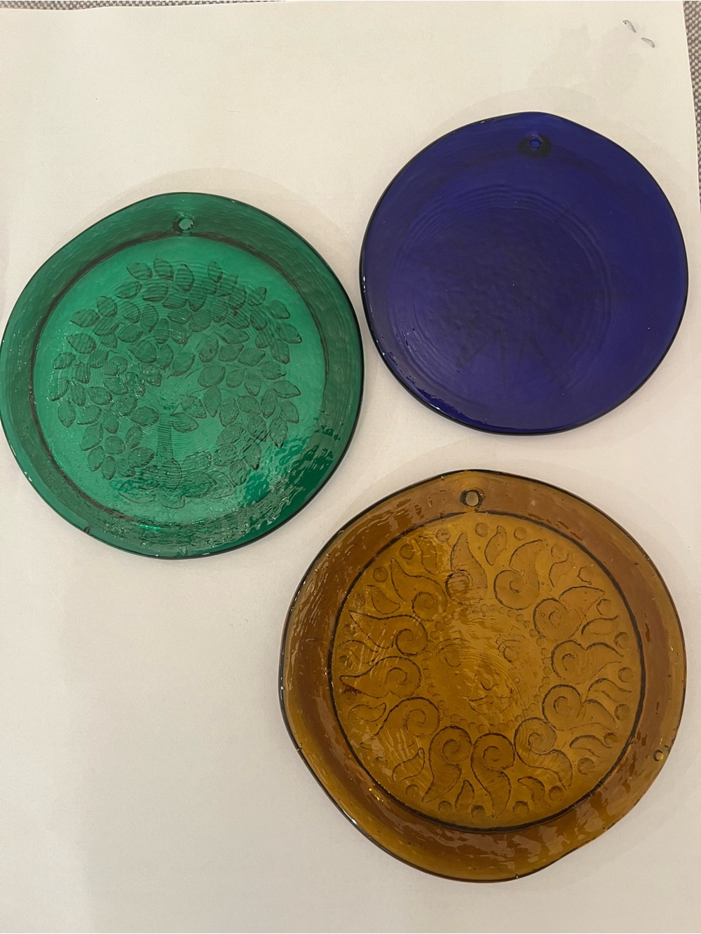 Handmade Set of 3 Round Pressed Glass Suncatchers - Green, Blue, Amber